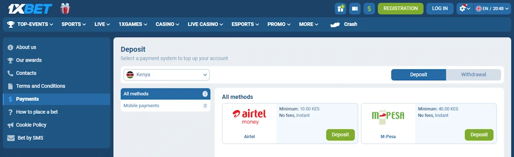 1xBet Payment options Screenshot